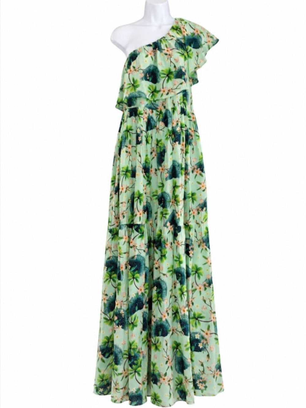 Verandah Mint Champa Peacock one shoulder dress S